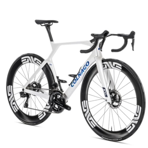 Bicicleta de carretera Colnago Y1Rs blanca y azul con grupo Shimano Ultegra R8170 DI2 de 12 velocidades y transmisión Vision SC 