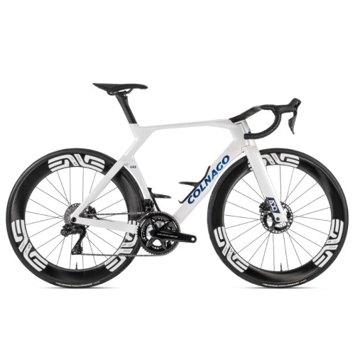 Bicicleta de carretera Colnago Y1Rs blanca y azul con grupo Shimano Ultegra R8170 DI2 de 12 velocidades y transmisión Vision SC 