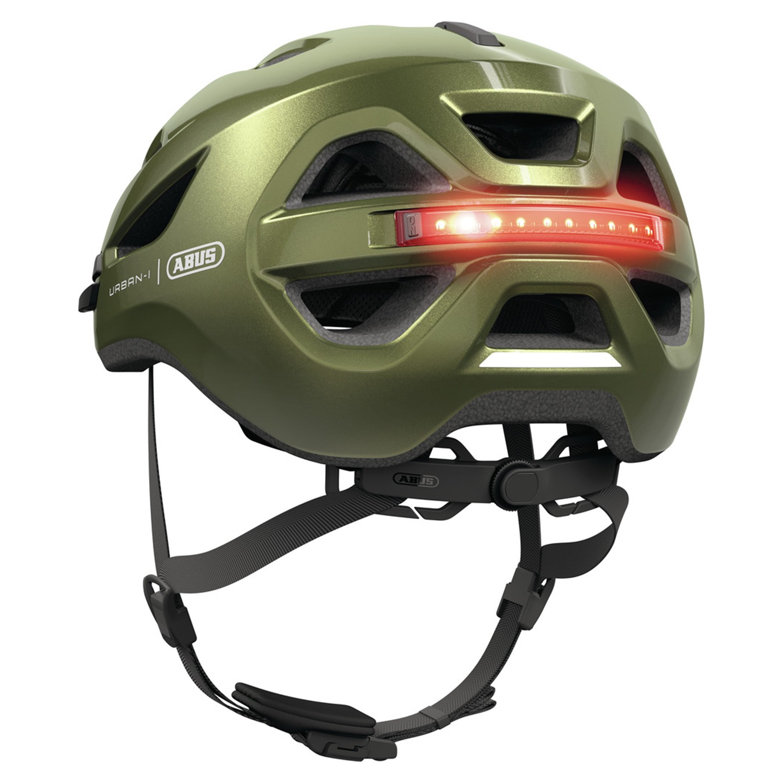 Casco de bicicleta Abus Urban-I 4.0 color verde pimienta con luz trasera recargable.