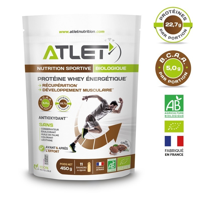 Protéine whey énergétique Atlet cacao 450g biologique